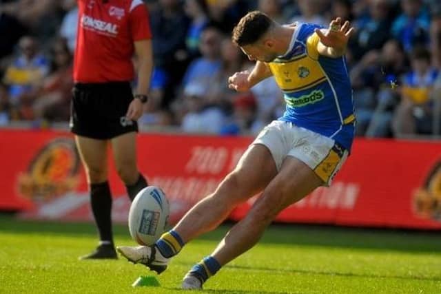 Jake Connor lands a conversion in Leeds Rhinos' win against Warrington Wolves last Saturday. Picture by Steve Riding.