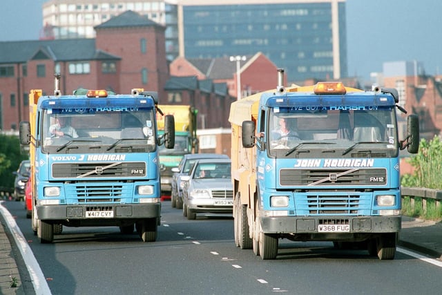 September 2000 and pictured are two of the many wagons who staged a go slow through Leeds city centre in protest about the high price of fuel.