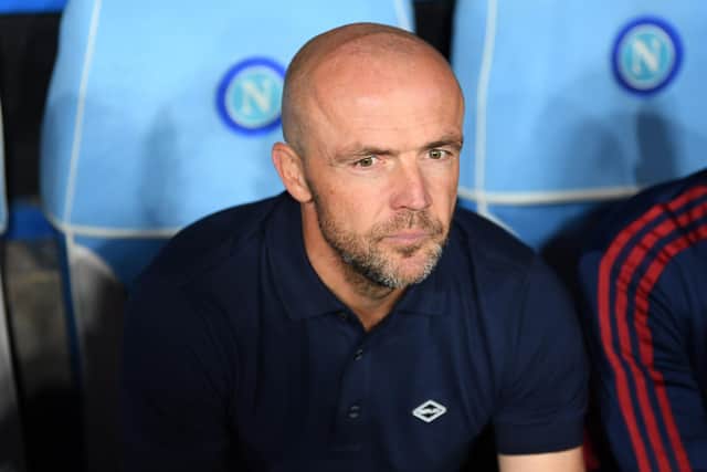 NAPLES, ITALY - OCTOBER 12: Coach Alfred Schreuder of AFC Ajax looks on before the UEFA Champions League group A match between SSC Napoli and AFC Ajax at Stadio Diego Armando Maradona on October 12, 2022 in Naples, Italy. (Photo by Francesco Pecoraro/Getty Images)