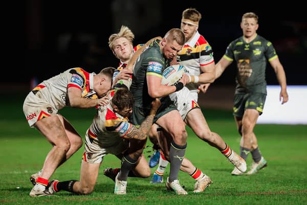 Tom Holroyd, seen in action away to Bradford Bulls at Easter, will makes his Leeds Rhinos return against Hull KR on Friday. Picture by Alex Whitehead/SWpix.com.