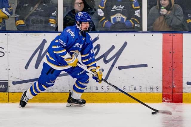DOUBLING UP: Leeds Knights' defenceman Jonas Bennett scored his second goal in as many games when he fired a 51st-minute strike against Sheffield Steeldogs on Thursday. Picture: Rob Halls/Knights Media.