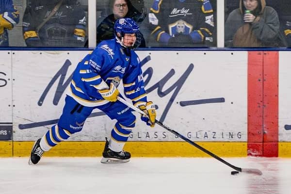 DOUBLING UP: Leeds Knights' defenceman Jonas Bennett scored his second goal in as many games when he fired a 51st-minute strike against Sheffield Steeldogs on Thursday. Picture: Rob Halls/Knights Media.