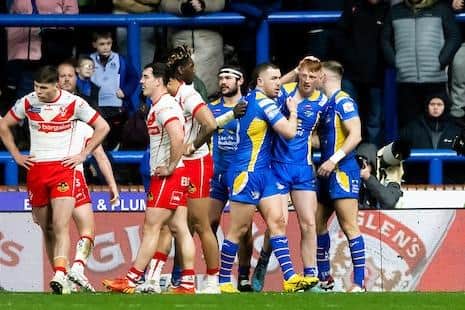 Luis Roberts, second from right, is congratulated after scoring against Friday's opponents St Helens at AMT Headingley in March. Picture by Allan McKenzie/SWpix.com.