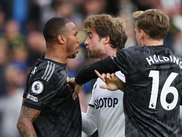 Patrick Bamford scores minutes after coming on for Leeds against Arsenal but sees his effort ruled out for a push in the back on Gabriel Magalhaes (Photo by Eddie Keogh/Getty Images)