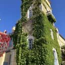Looking up to the tower apartment at Chateau Apollinaire in Perpignan, France.