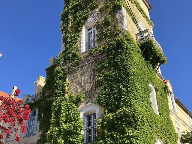 Looking up to the tower apartment at Chateau Apollinaire in Perpignan, France.