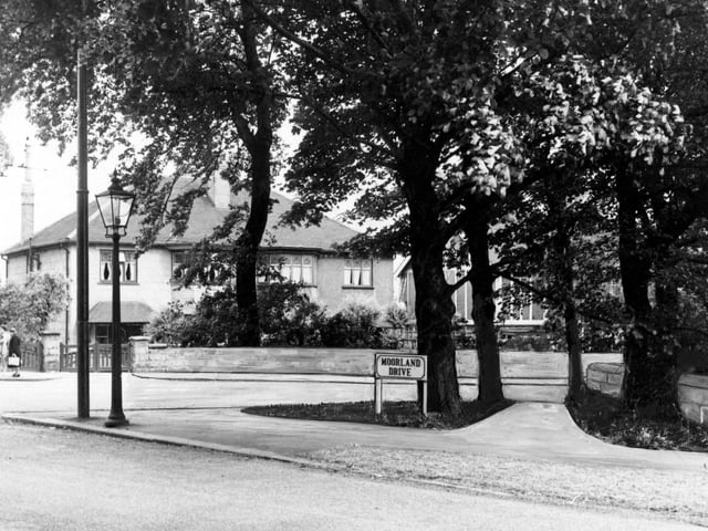 Moorland Drive at corner with Harrogate Road in June 1952. Two women stand in front of a house.