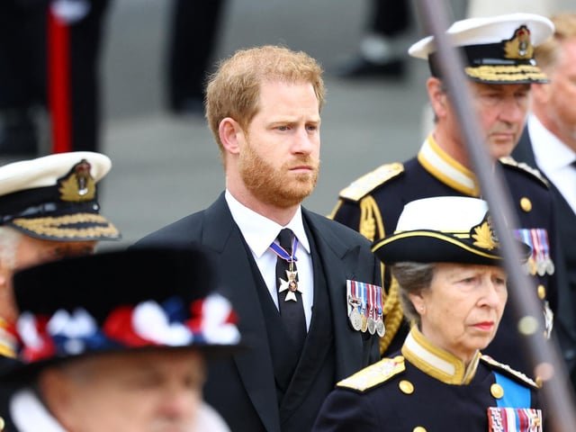 The Duke of Sussex (centre), Vice Admiral Si r Tim Laurence (right) and the Princess Royal (second right) arrive at the State Funeral