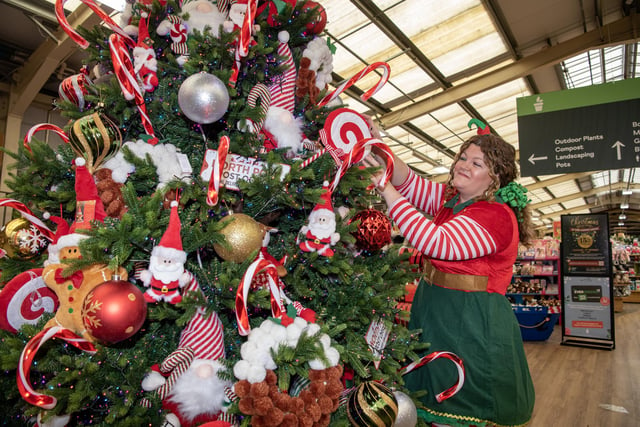 Tong Garden Centre shop assistants Caroline Quinn and Shannon Carter dress one of the many Christmas trees as the store launch their Christmas displays and room sets.
