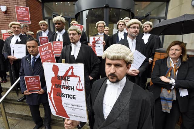 Barristers picket Leeds Crown Court on the first day of nationwide strike action over legal aid fees. Picture: Asadour Guzelian