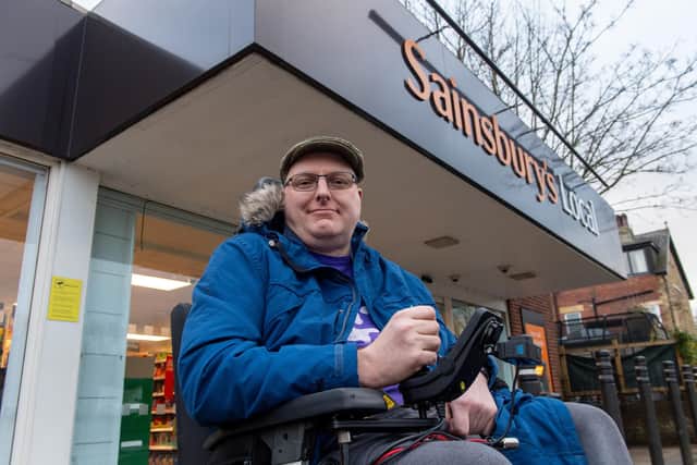Doug Paulley, 46, has complained about a shoplifting detector at the Sainsbury's Local store, in Crossley Street, Wetherby, that sounds when he leaves in his wheelchair. Photo: Bruce Rollinson.