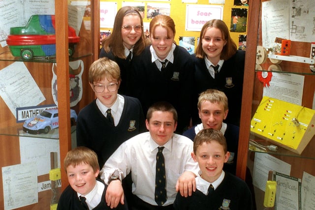 Pupils from Guiseley School visited the Railway Museum in York in July  1998 to compete in the North and West Yorkshire regional final of the Young Engineers for Britain competition. Pictured are eight of the competitors with some of their winning projects. Back row, from left, are Joanne Boardman, Anna Lennox and Lisa Boucher. Middle row, from left, are Calum Kennedy and Matthew Gamble. Front row, from left, are Edward Midgley, Billy Soloman and James Walker.