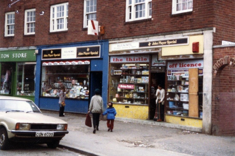 Shops on Coldcotes Circus in Gipton, from left Carlton Store then N.S. News, newsagent and The Thistle off-licence.
