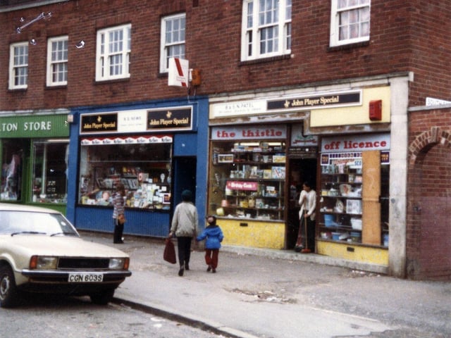 Shops on Coldcotes Circus, from left Carlton Store then N.S. News, newsagent and The Thistle off-licence.
