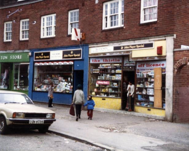Shops on Coldcotes Circus in Gipton, from left Carlton Store then N.S. News, newsagent and The Thistle off-licence.