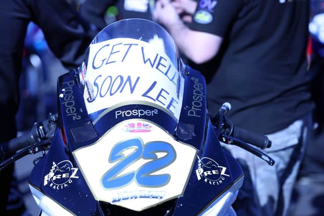 WELL WISHES - Paul Jordan's bike shows a get well message for Leeds fan and road racer Lee Johnston. Pic: Stephen Davison/Pacemaker Press