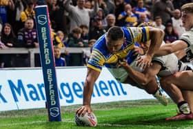 Ryan Hall scores a last-gasp winning try as Leeds Rhinos beat Hull FC at Headingley. Picture by Alex Whitehead/SWpix.com.