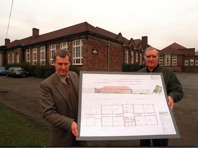 Headteacher Sid Kenningham (left) and chair of governors Jim Pearson are pictured with a plan for a new science wing at Kings High School in January 1997.