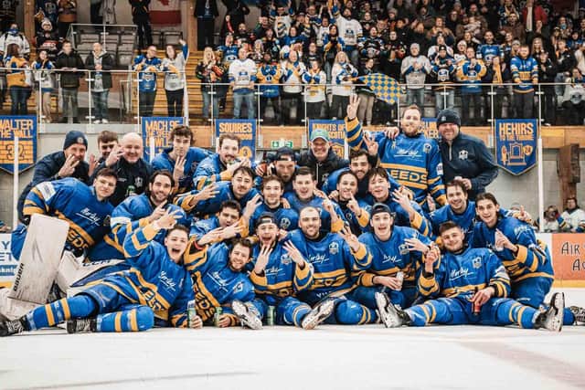 CHAMPION SPIRIT: Leeds Knights celebrate their third straight NIHL National league title. Picture: Rob Halls/Knights Media.