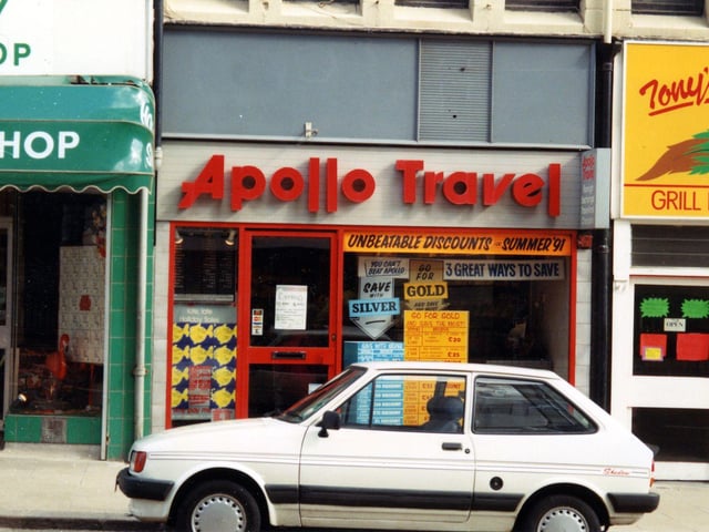 Apollo travel agents and Tony's Coffee Pot Cafe on New Briggate.