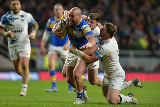 Bodene Thompson in action for Rhinos against Toulouse. Picture by Bruce Rollinson.