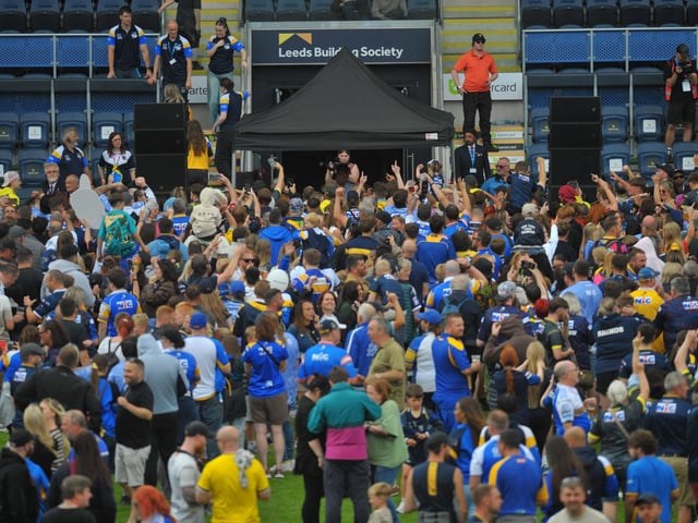 DJ Pat Sharp led the party on the pitch at AMT Headingley after Leeds Rhinos' derby win against Bradford Bulls.