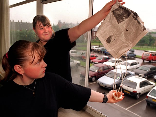 Pupils Louise Tallant and Lisa Hirst prepare to launch in a Save the Egg parachute competition held at City of Leeds School in June 1997.