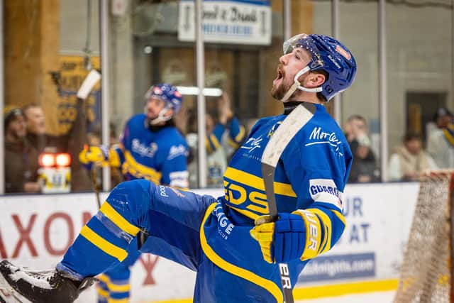 TAKE THAT: Matt Barron celebrates scoring against Romford Raiders at The Castle in February. Picture: Ben Gordon/Knights Media.