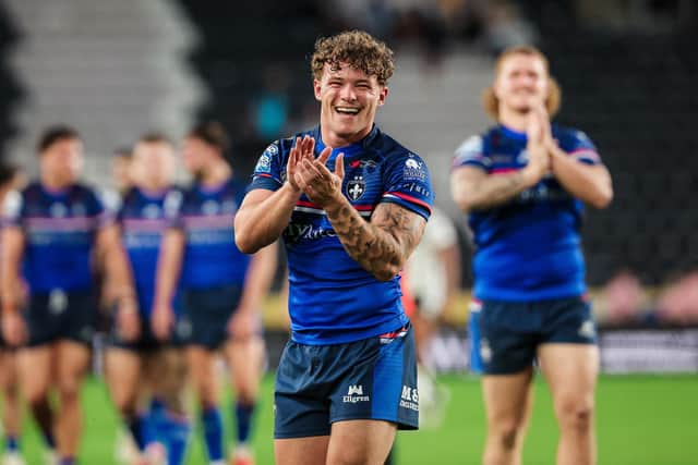 Wakefield Trinity's Harvey Smith celebrates last week's win at Hull FC. Picture by Alex Whitehead/SWpix.com.
