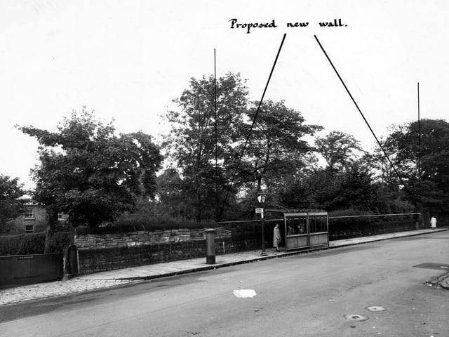 A proposed new plan plan by number 378 Broad Lane in September 1950. A pillar box, streetlamp and bus stop with queue are in the foreground. A woman can be seen in the background on the right.