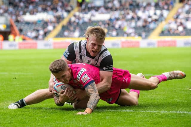 Liam Sutcliffe was among Rhinos' try scorers in last month's win at his future club Hull FC. Picture by Bruce Rollinson.