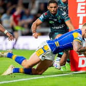 A delighted Mikolaj Oledzki scores his first try since June, 2023, during Leeds Rhinos' win against Leigh Leopards. Picture by Allan McKenzie/SWpix.com.