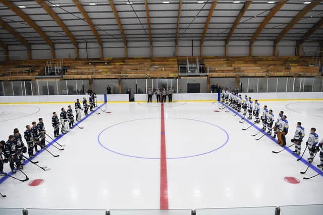 HOCKEY NIGHT IN LEEDS: Leeds Chiefs v Sheffield Steeldogs - January 31, 2020. The teams line-up for the national anthem. Picture: Jonathan Gawthorpe.