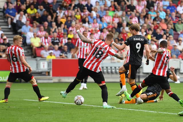 CONFIDENCE: From Whites striker Patrick Bamford, second right, pictured during Saturday's Premier League clash at Brentford as the Whites no 9 bagged another 45 minutes from the bench. Photo by Tom Dulat/Getty Images.