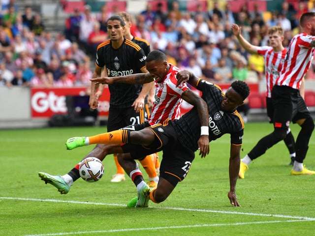 VAR intervenes after this tackle by Leeds' Luis Sinisterra to award a penalty, deemed to be a foul on Ivan Toney. Sinisterra was also cautioned. (Photo by Tom Dulat/Getty Images)