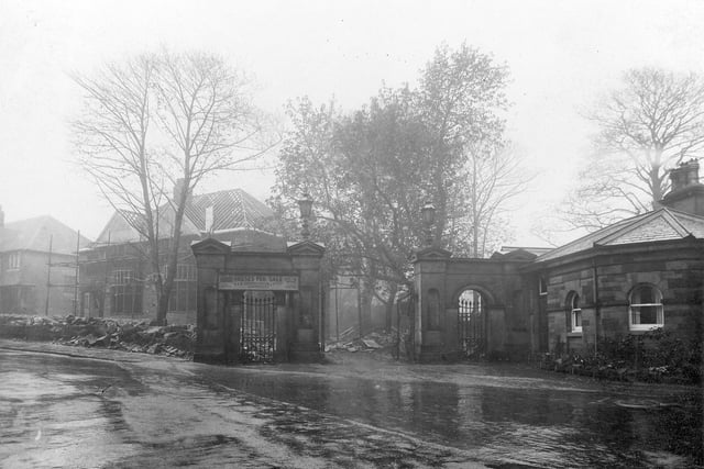 The junction of Gledhow Lane (right), Woodland Lane (left) and Church Lane (behind the camera) pictured in April 1933. The stone building on the right is the lodge to a large house named Allerton Park, which in the mid 19th century had been known as Blue Villa.