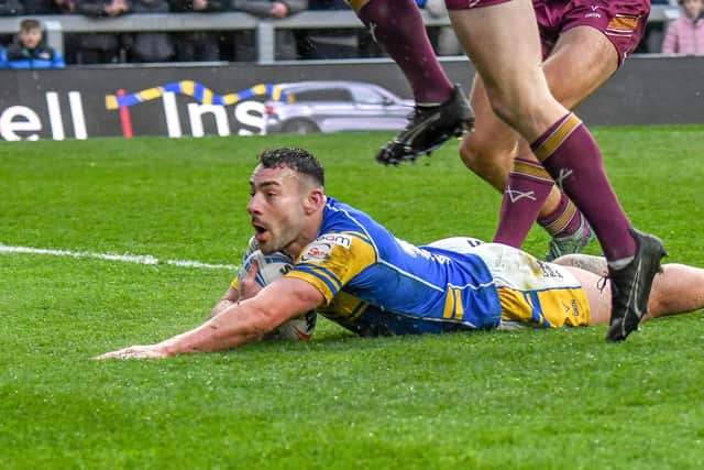 Jake Connor goes in for one of Leeds Rhinos' five tries against Huddersfield Giants last week. Coach Brad Arthur reckons they'll need to be more clinical when they face Hull KR. Picture by David Harrison .
