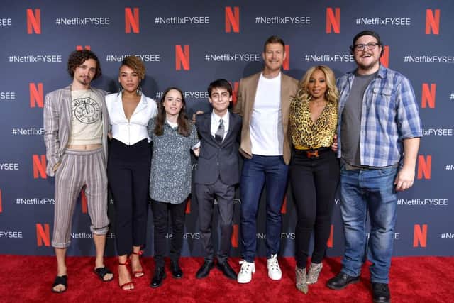 The Umbrella Academy's Robert Sheehan, Emmy Raver-Lampman, Ellen Page, Aidan Gallagher, Tom Hopper, Mary J. Blige and Cameron Britton. (Pic: Getty Images for Netflix)