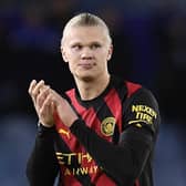 Manchester City's Norwegian striker Erling Haaland claps the fans after the English Premier League football match between Leeds United and Manchester City at Elland Road  (Photo by OLI SCARFF/AFP via Getty Images)
