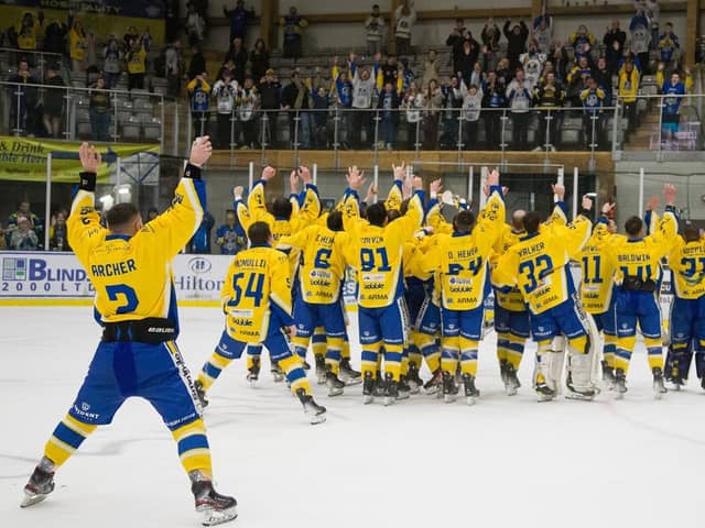SIMPLY THE BEST: Leeds Knights salute their fans at Elland Road after winning the NIHL National league title for a second time. Picture: Jacob Lowe/Knights Media.