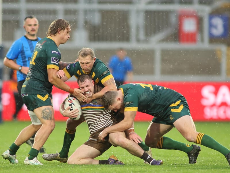 Hunslet ARLFC's Joe Abson is tackled by West Hull during the National League Premier Division Grand Final.