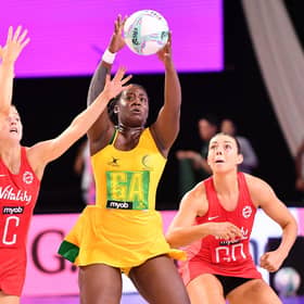 New signing: Jamaica international Simone Gordon (second right) playing against England in 2024, is heading for Leeds Rhinos.