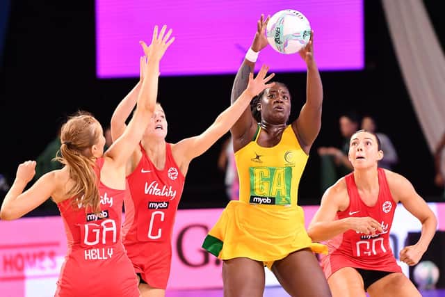 New signing: Jamaica international Simone Gordon (second right) playing against England in 2024, is heading for Leeds Rhinos.