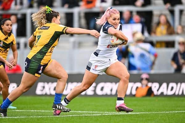 Rhinos signing Amy Hardcastle makes a break during England's World Cup win over Brazil at Headingley last November. Picture by Will Palmer/SWpix.com.