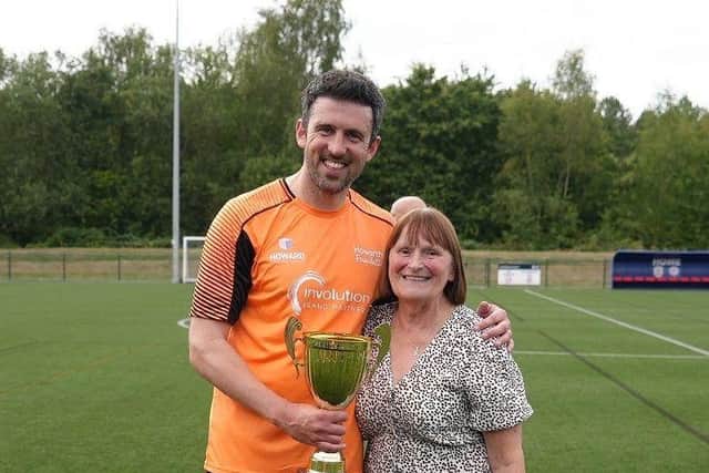 Rosemary Gautrey presents Howarths Foundation Football team with The Stephen Gautrey Cup 2025.