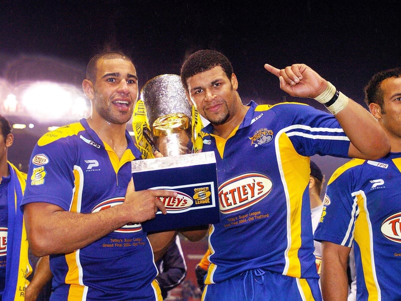 Chev Walker and Ryan Bailey with the Super League trophy at Old Trafford.