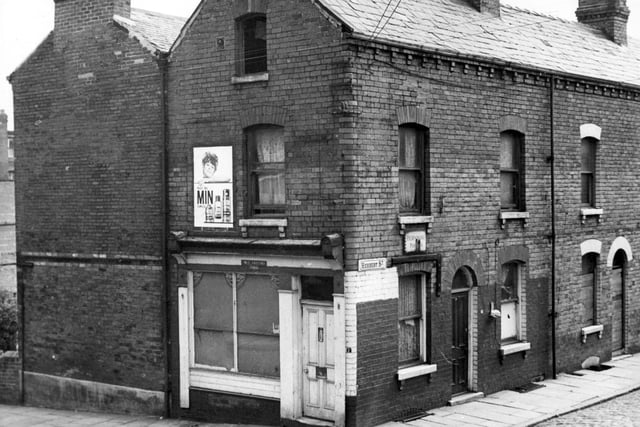 To the left is Meanwood Terrace, next is Servia Grove, number 7 is an empty shop. This had been a general grocers shop, the owner in the 1950s was Elsie Gallagher, then N. Firth. Pictured in July 1967.