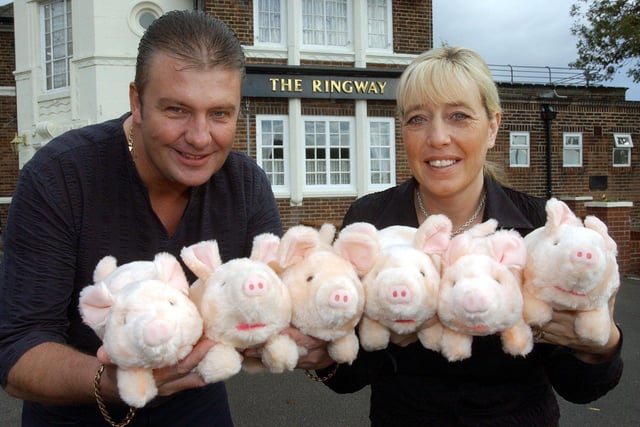 This pub in Horsforth was converted into a nursery after it closed. Pictured are publicans John and Jenny Harrison with their racing pigs in October 2003.