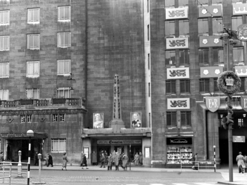 The Queens Hotel building in June 1953 which comprised of the hotel with railway station on the right and News Theatre sandwiched in between. The News Theatre opened in 1938 and had only 290 seats, specialising in up to minute news, showing Pathe News and cartoons. The emphasis changed when it became the Tatler film club in 1969 and the Classic in 1979. City Square is decked out for the coronation.