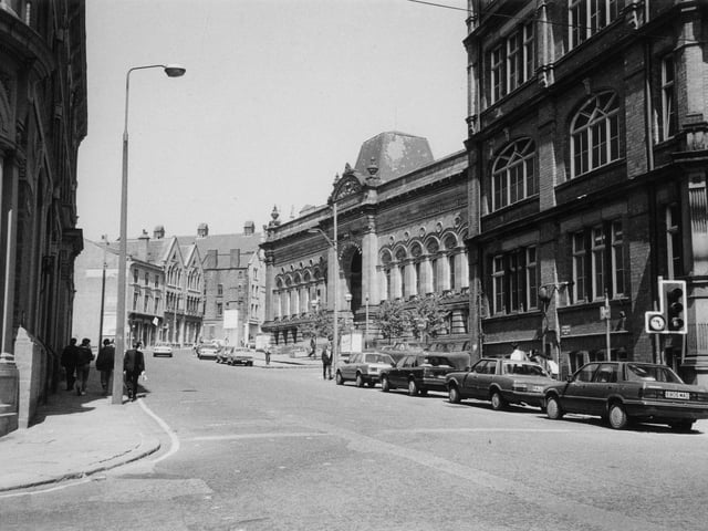 Cookridge Street from the junction with Great George Street. The Leonardo Building is seen on the right, formerly offices of Chorley and Pickersgill, printers, who had the Electric Press building across the road on the left. In 1975 the Leonardo Building became part of City of Leeds School; since 1998 it has been occupied by Leeds City Council.
